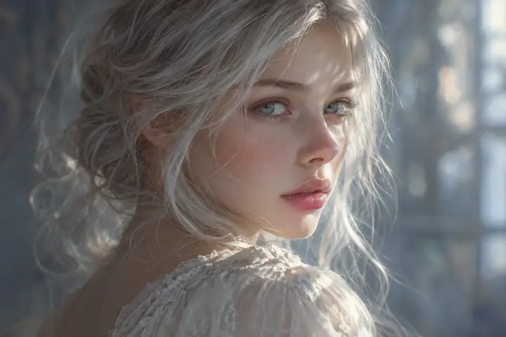Soft illustrated portrait with silver hair, hazy blue eyes, and indistinct linework.