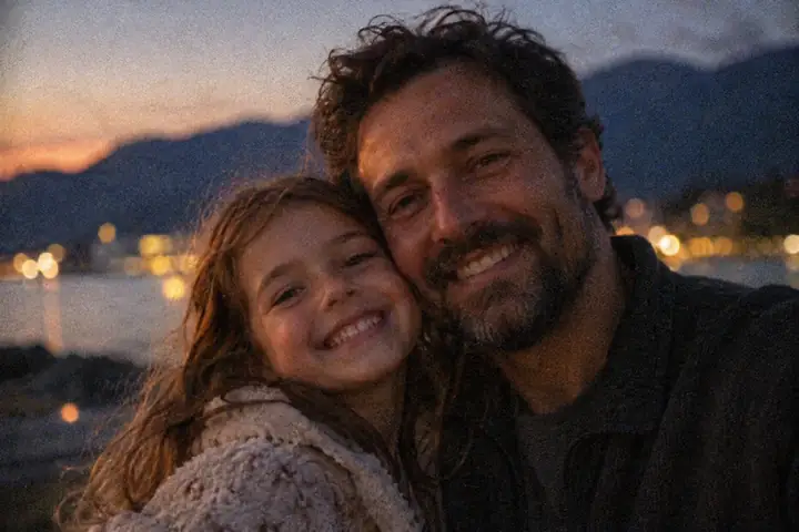 Noisy family portrait of a father and daughter smiling together in dim outdoor light.