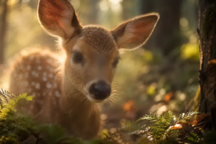 Soft close portrait of a young deer with hazy warm fur and indistinct eyes in woodland.