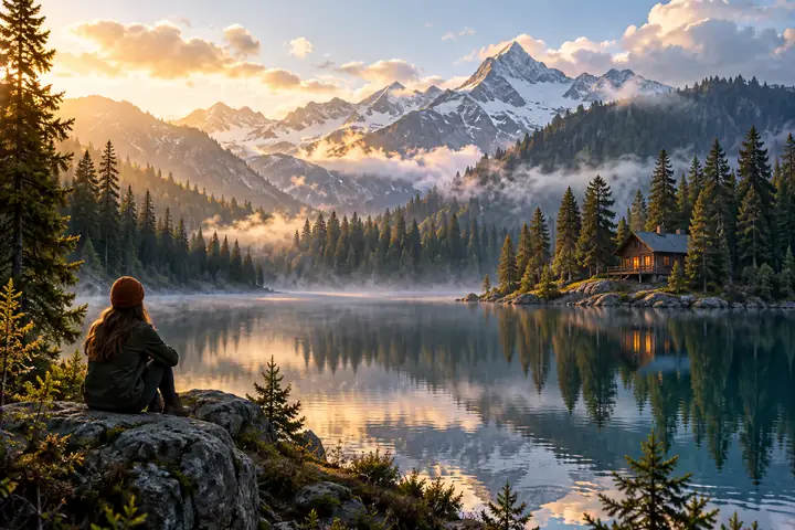Soft mountain lake scene with hazy evergreen forest, cabin, and reflective water.