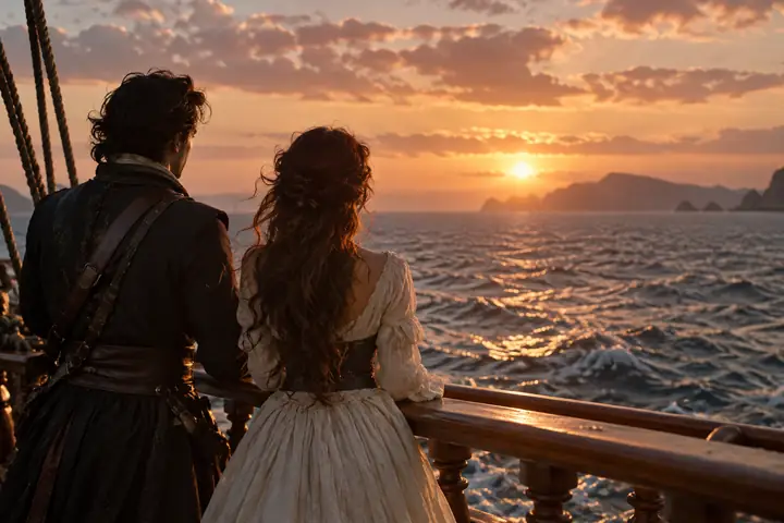 Soft cinematic ocean scene with two figures on a ship deck under a muted sunset.