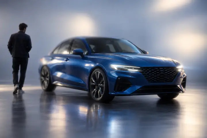 Soft studio product photo of a blue vehicle with hazy reflections and softened edges.